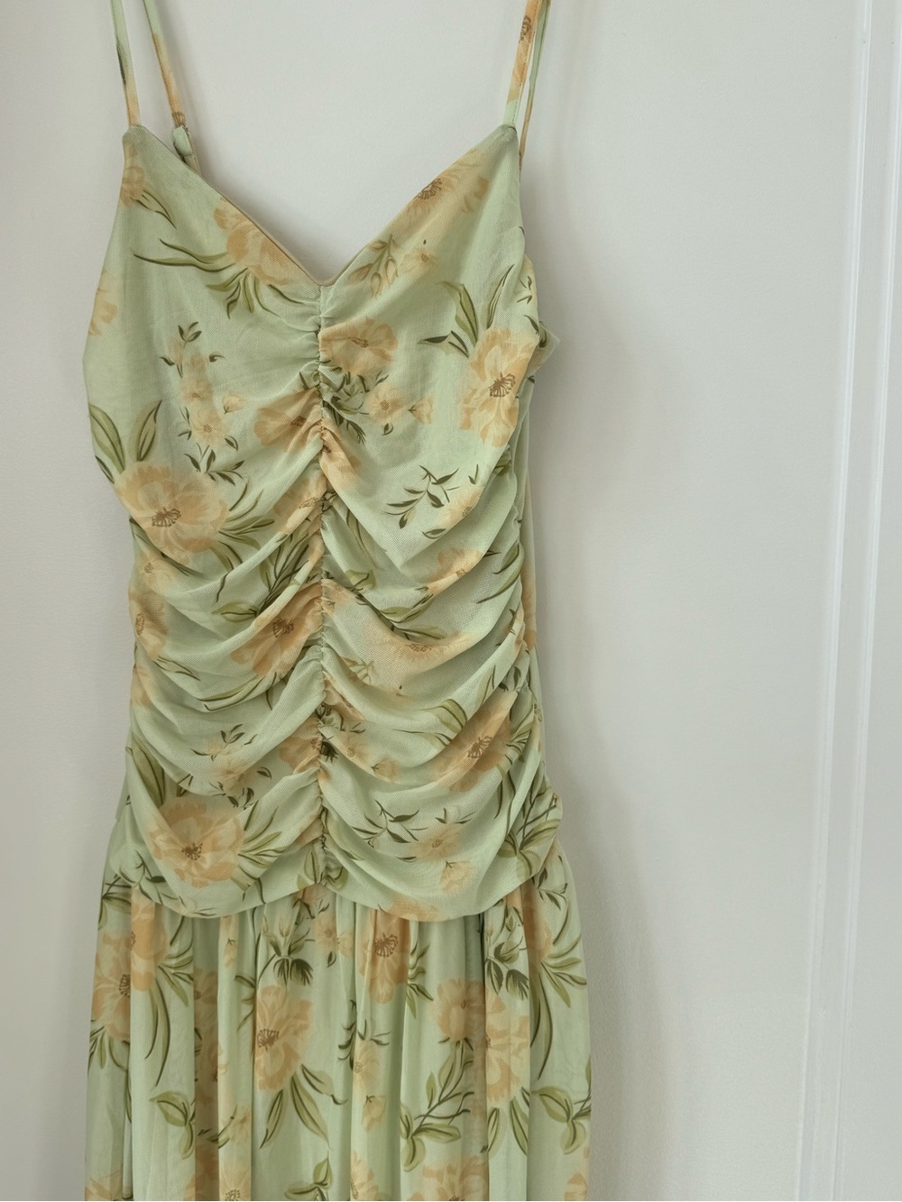VILA Sage Green Floral Ruched Maxi Dress